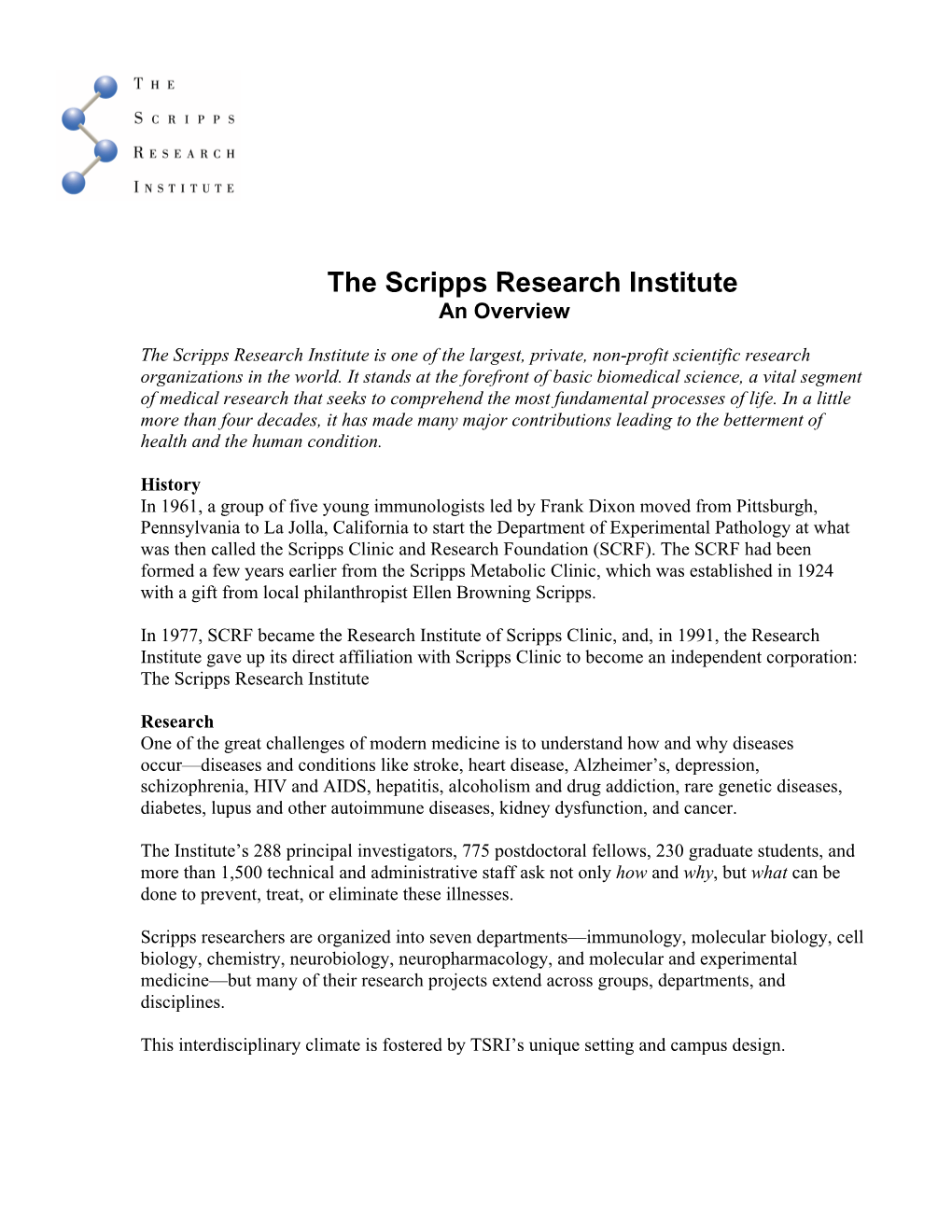 The Scripps Research Institute an Overview