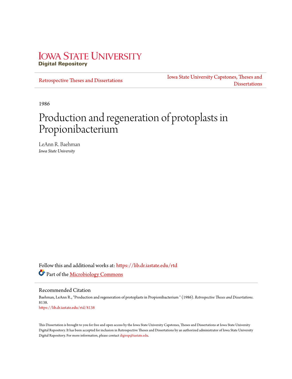 Production and Regeneration of Protoplasts in Propionibacterium Leann R