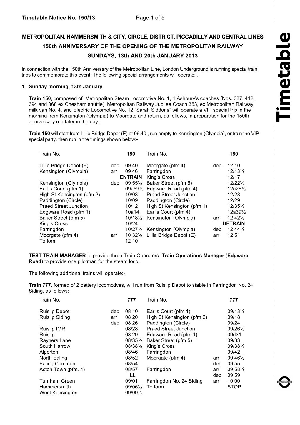 Timetable Notice No. 150/13 Page 1 of 5 METROPOLITAN