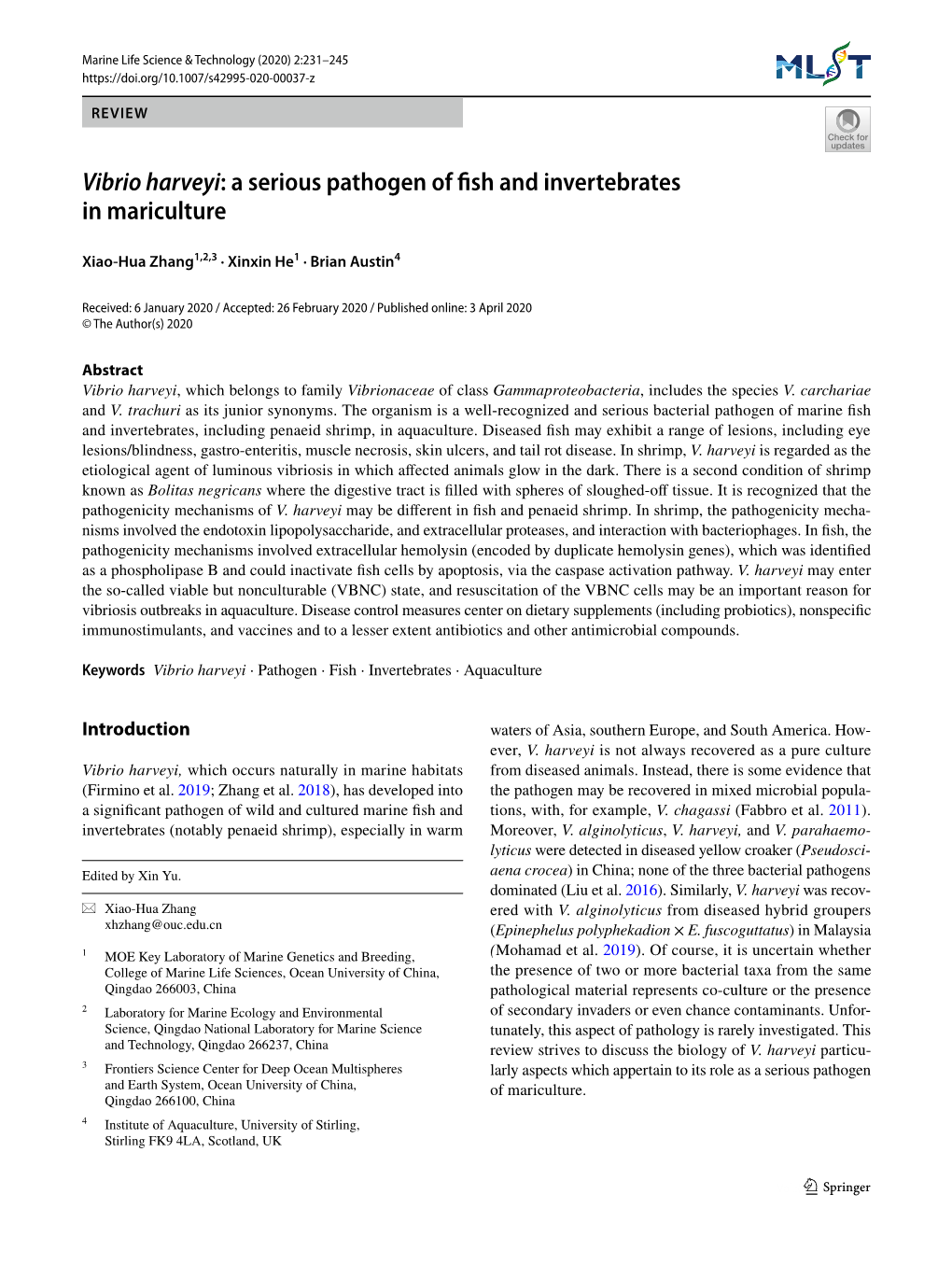 Vibrio Harveyi: a Serious Pathogen of Fsh and Invertebrates in Mariculture