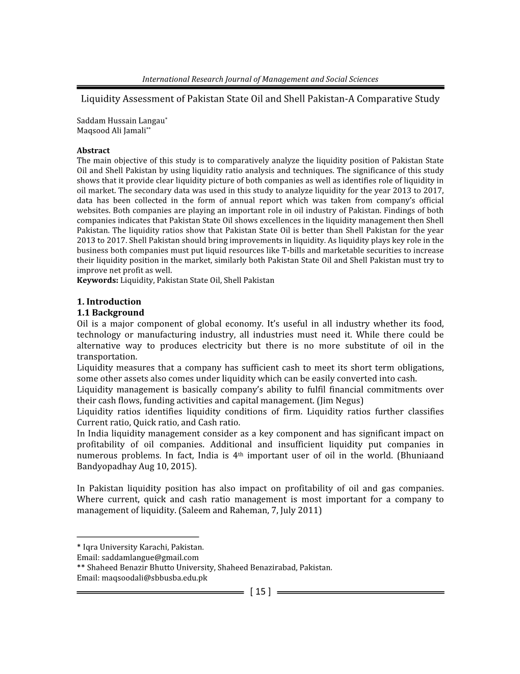 [ 15 ] Liquidity Assessment of Pakistan State Oil and Shell Pakistan-A