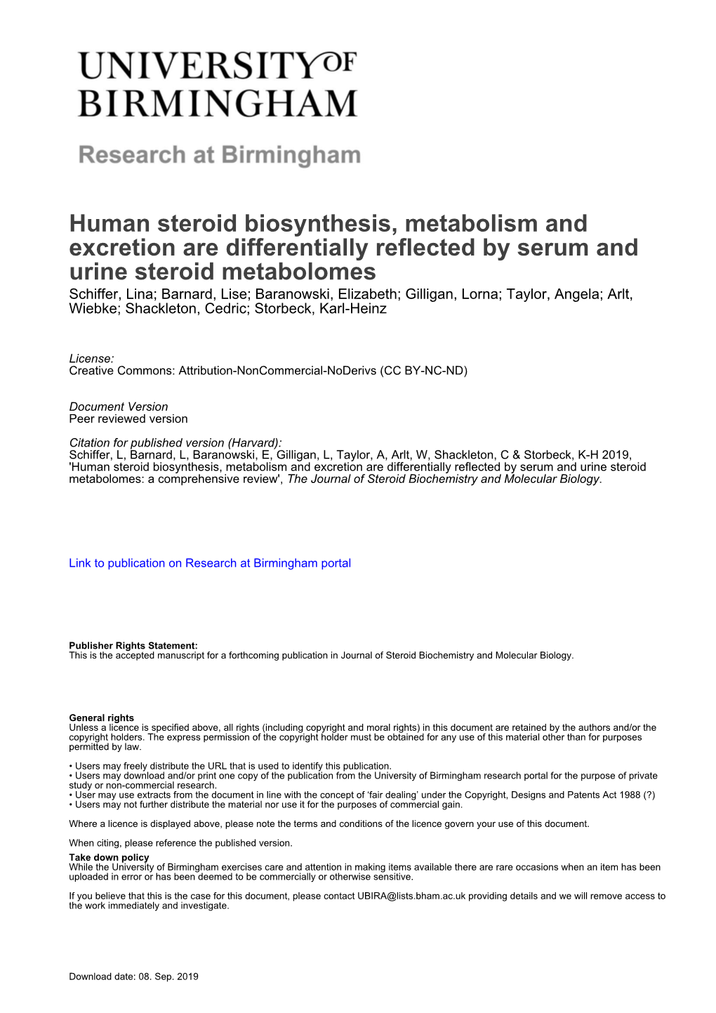 Human Steroid Biosynthesis, Metabolism and Excretion Are