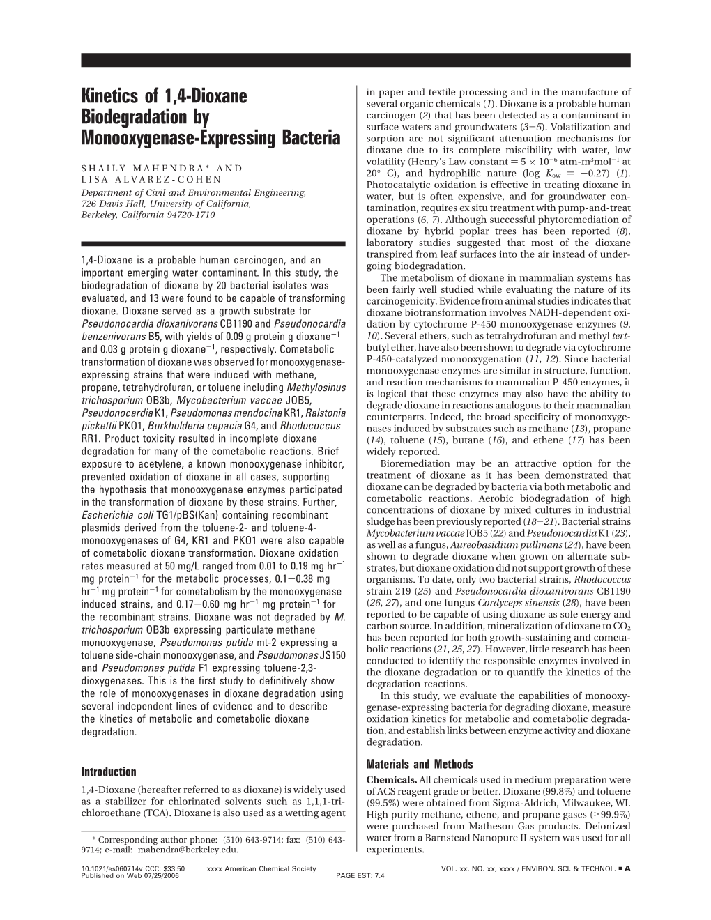 Kinetics of 1,4-Dioxane Biodegradation by Monooxygenase