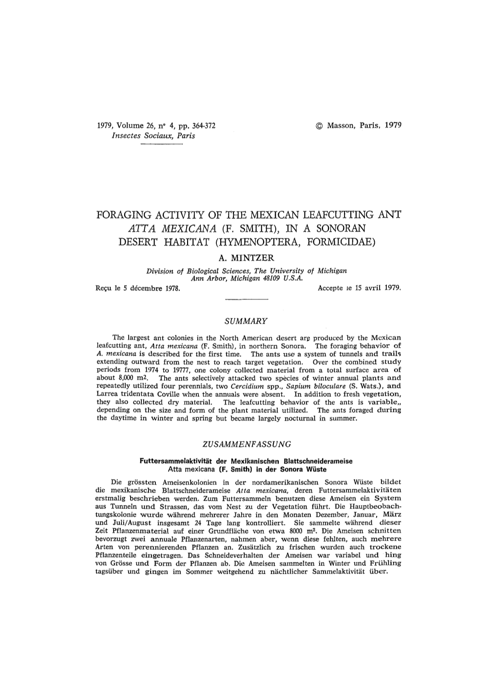 Foraging Activity of the Mexican Leafcutting Ant Atta 3Iexicana (F