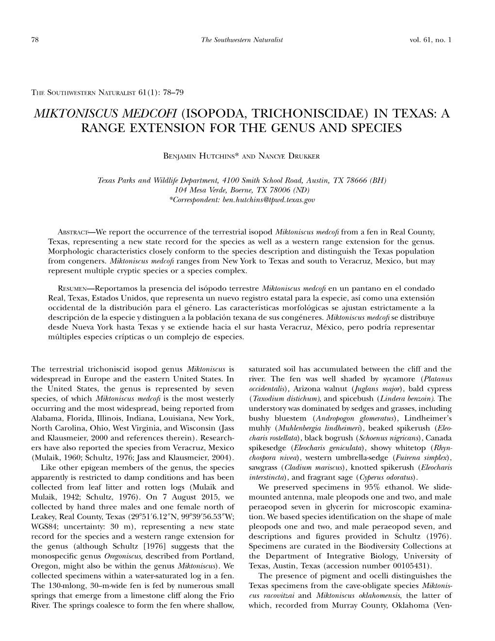 Miktoniscus Medcofi (Isopoda, Trichoniscidae) in Texas: a Range Extension for the Genus and Species