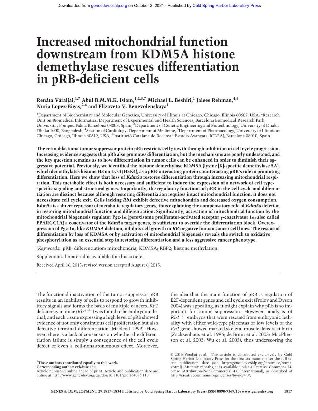 Increased Mitochondrial Function Downstream from KDM5A Histone Demethylase Rescues Differentiation in Prb-Deficient Cells