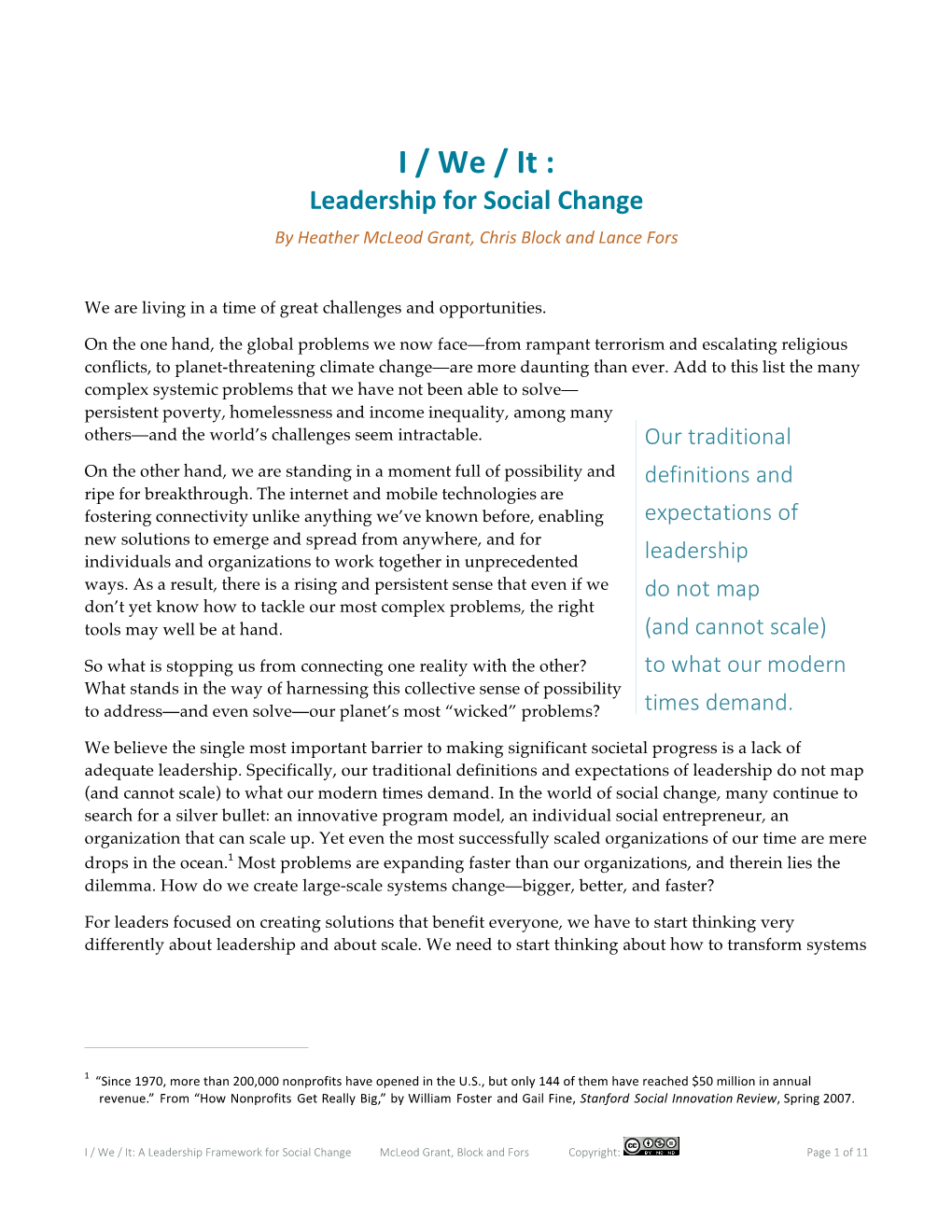 I / We / It : Leadership for Social Change by Heather Mcleod Grant, Chris Block and Lance Fors