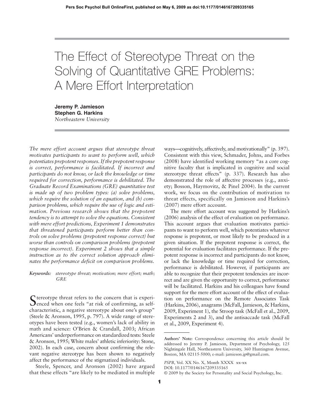 The Effect of Stereotype Threat on the Solving of Quantitative GRE Problems: a Mere Effort Interpretation