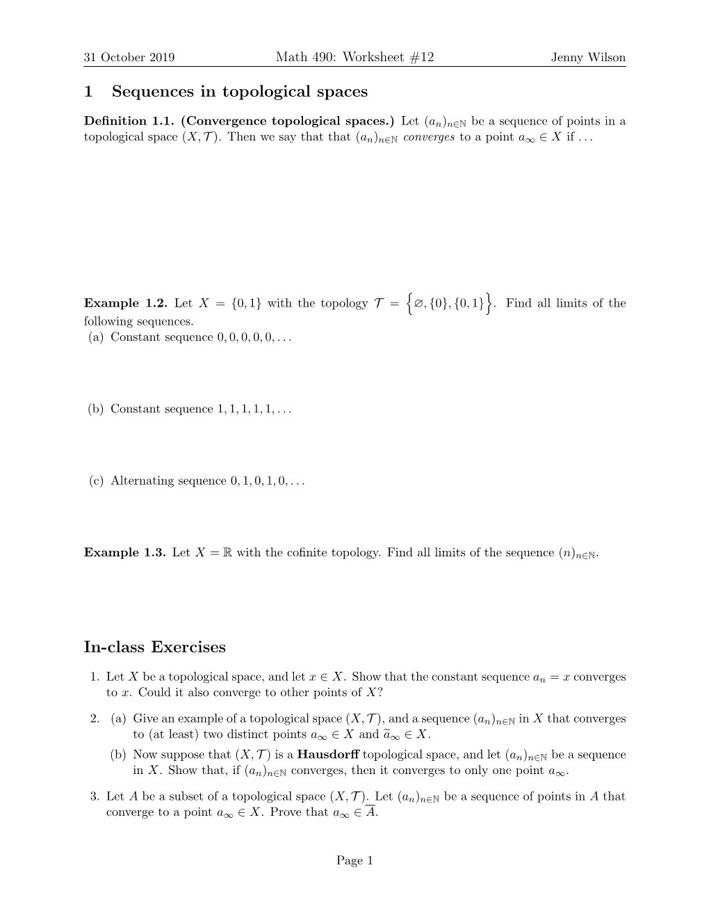 1 Sequences in Topological Spaces In-Class Exercises