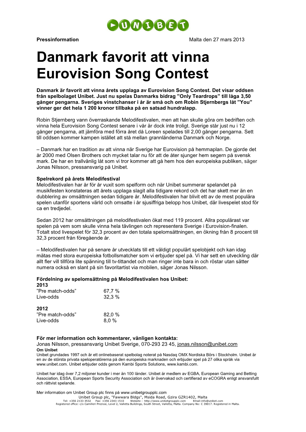 Danmark Favorit Att Vinna Eurovision Song Contest