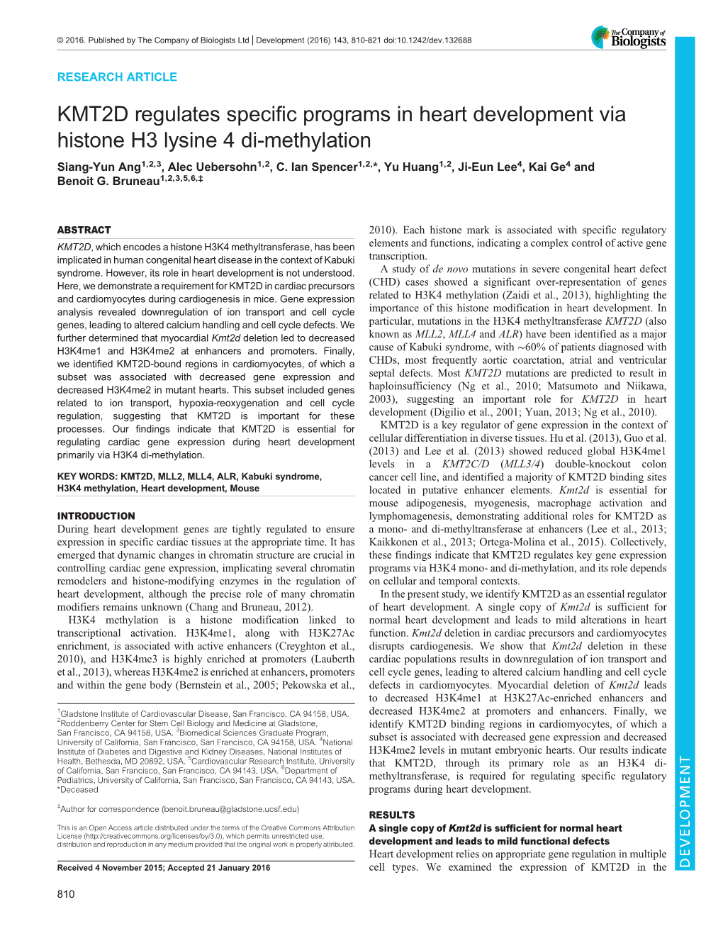 KMT2D Regulates Specific Programs in Heart Development Via Histone H3 Lysine 4 Di-Methylation Siang-Yun Ang1,2,3, Alec Uebersohn1,2, C