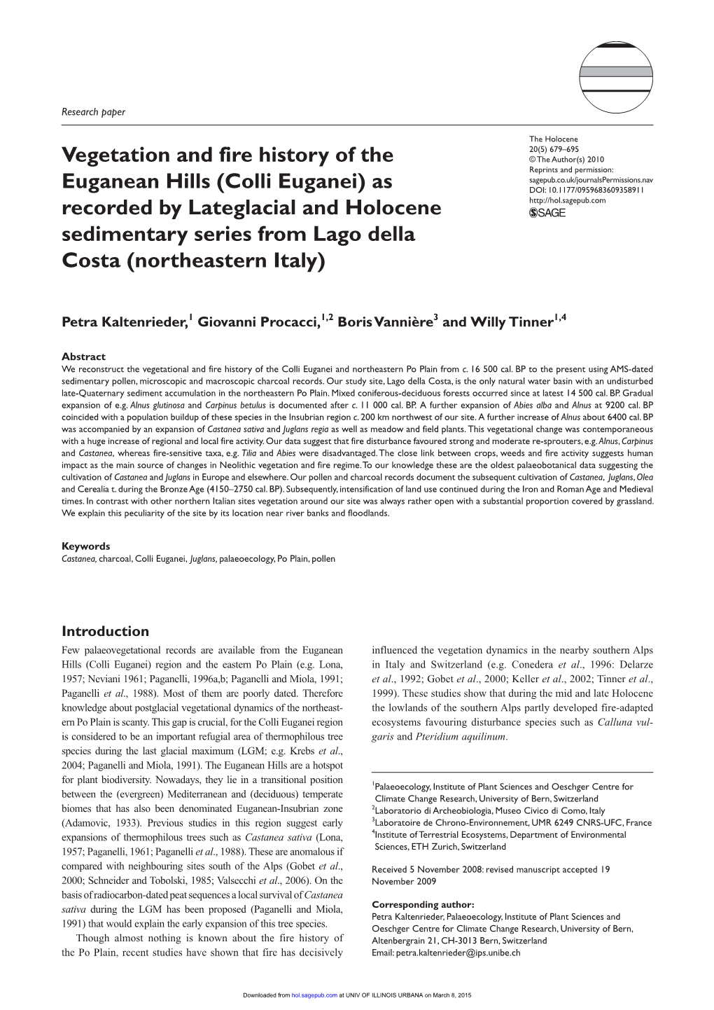 Vegetation and Fire History of the Euganean Hills (Colli Euganei)