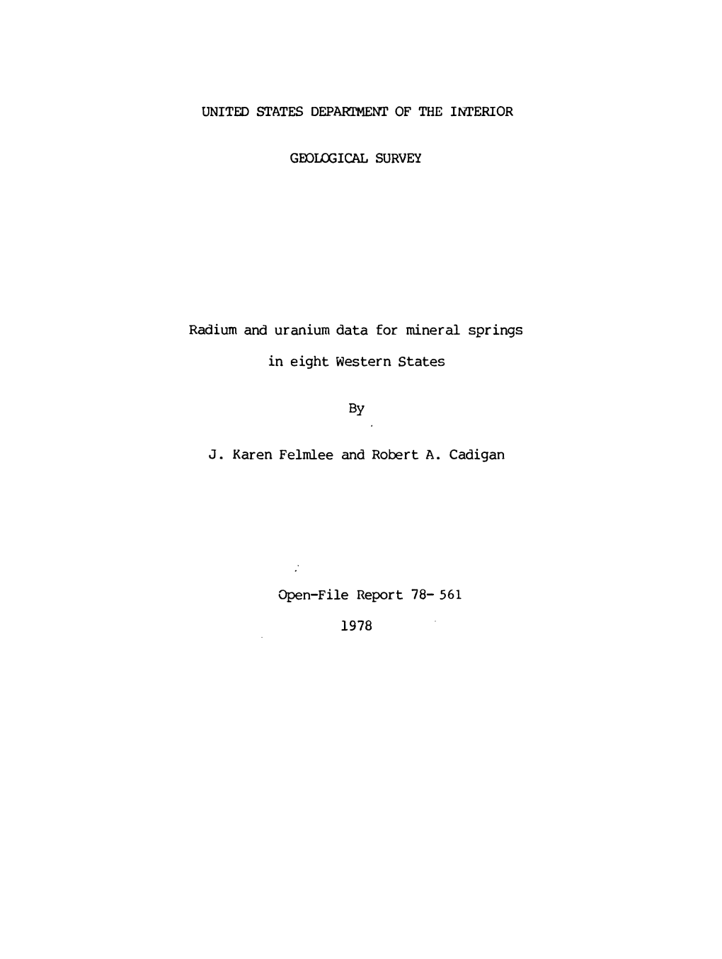 Radium and Uranium Data for Mineral Springs in Eight Western States by J