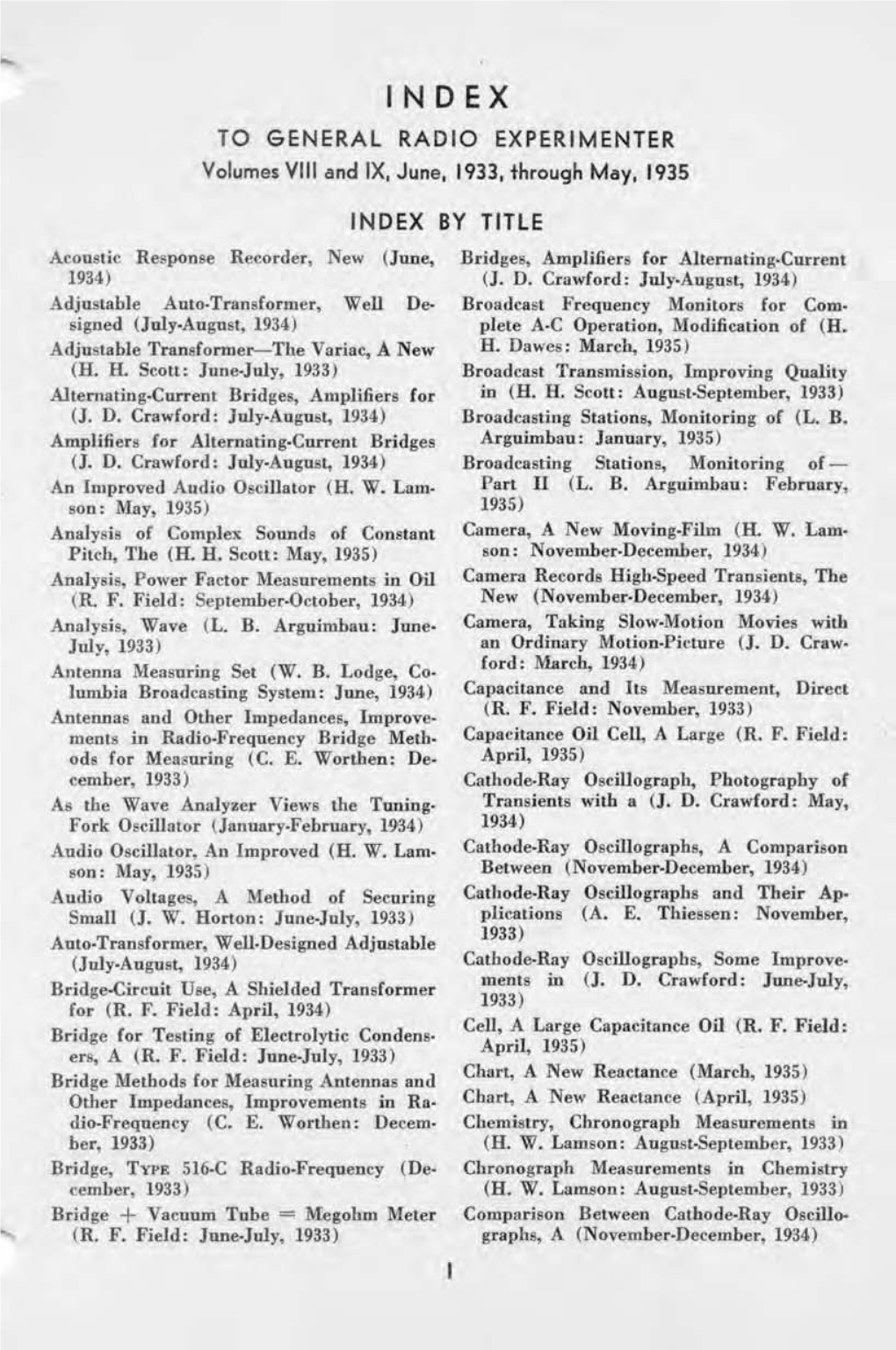 IN 0 EX to GENERAL RADIO EXPERIMENTER Volumes VIII and IX, June, 1933, Through May