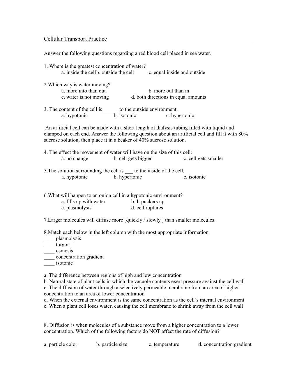 Cellular Transport Practice