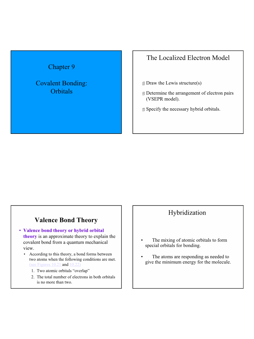 Chapter 9 Covalent Bonding: Orbitals the Localized Electron Model Valence Bond Theory Hybridization