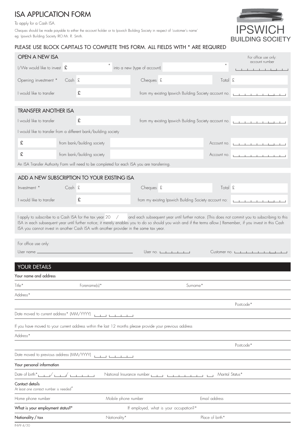 ISA APPLICATION FORM to Apply for a Cash ISA