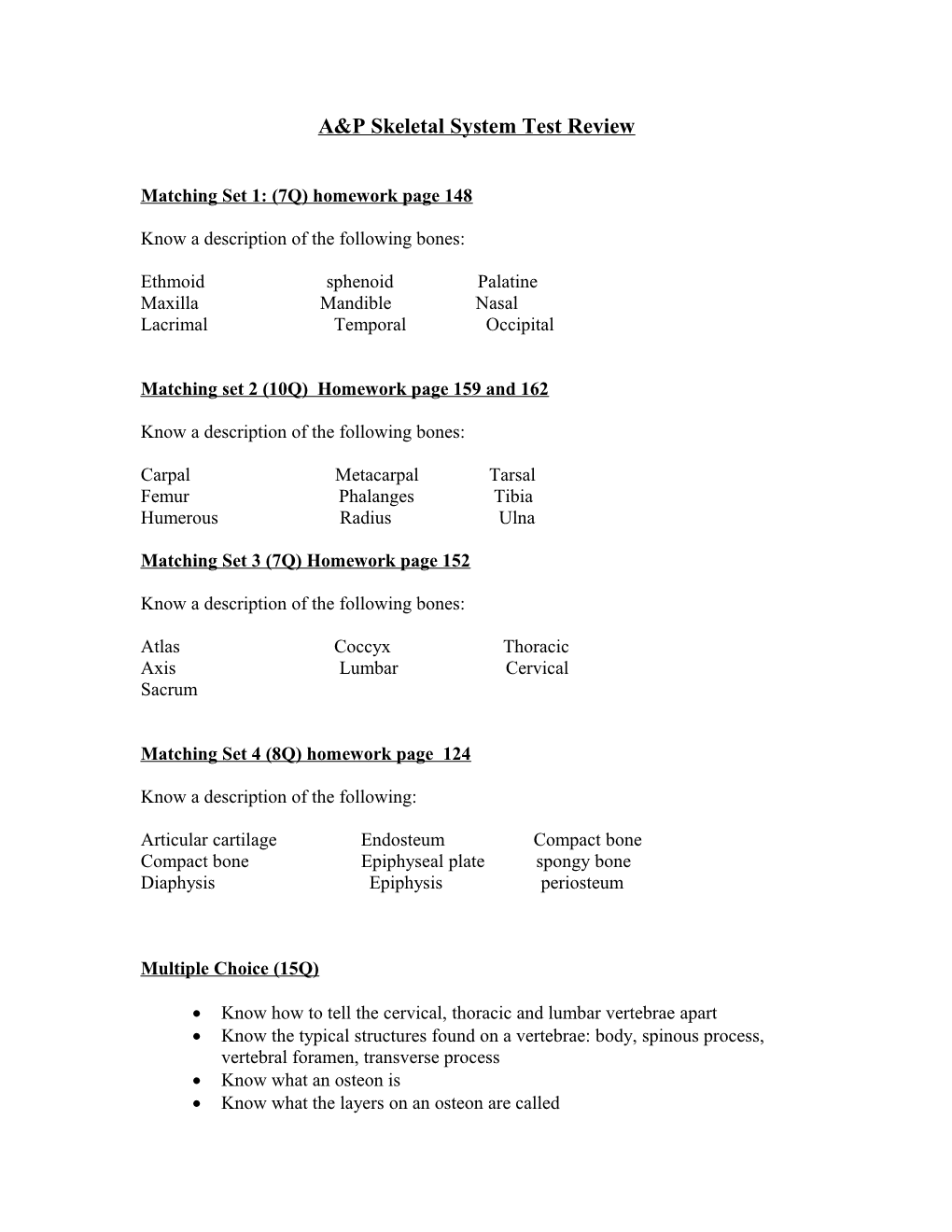 A&P Skeletal System Test Review