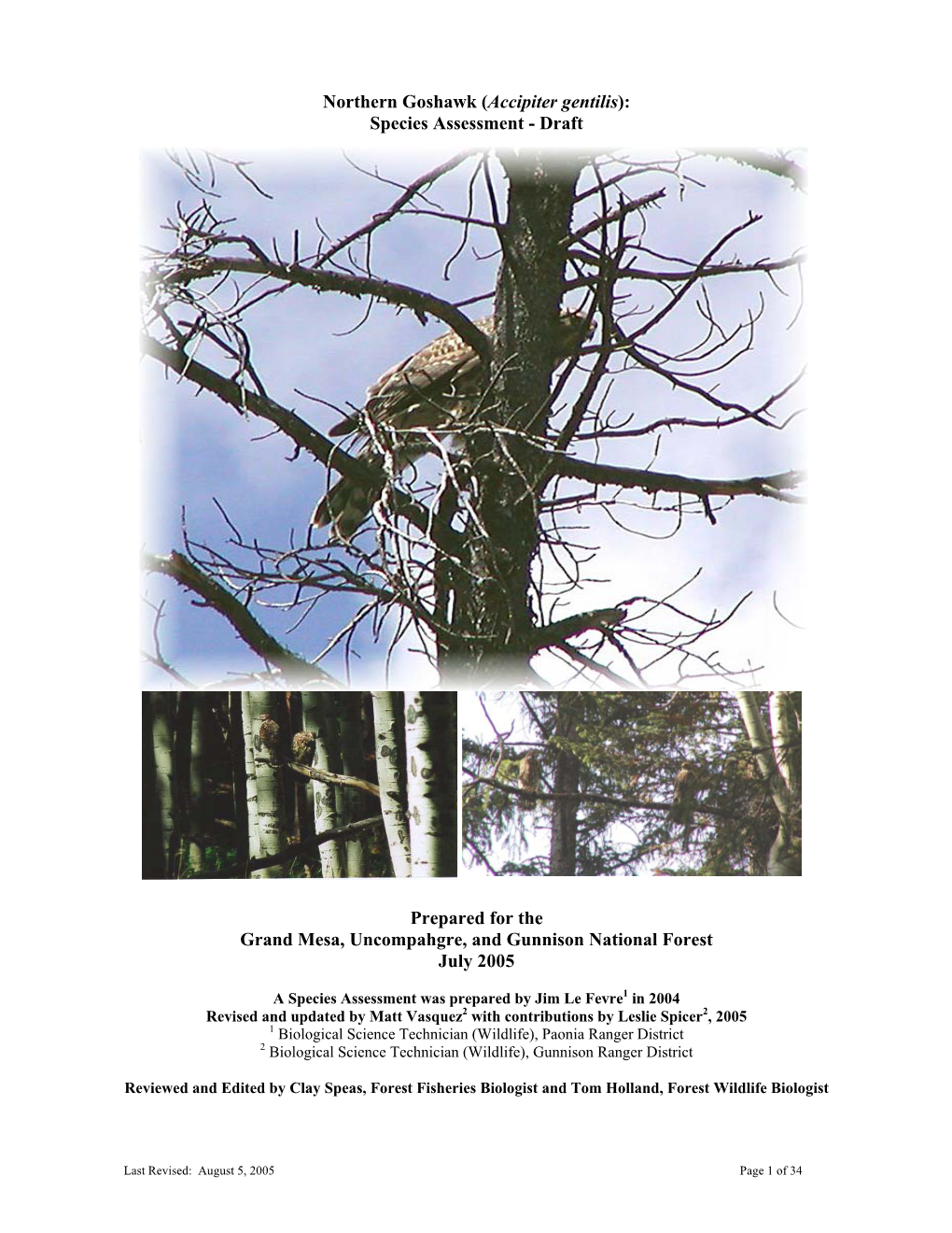 Goshawk (Accipiter Gentilis): Species Assessment - Draft