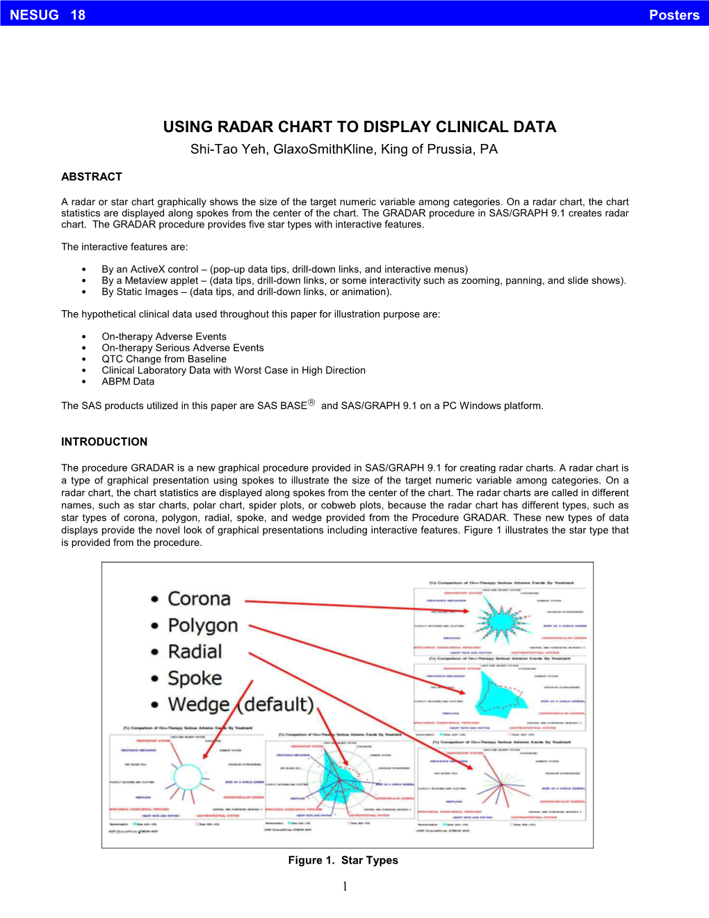 USING RADAR CHART to DISPLAY CLINICAL DATA Shi-Tao Yeh, Glaxosmithkline, King of Prussia, PA