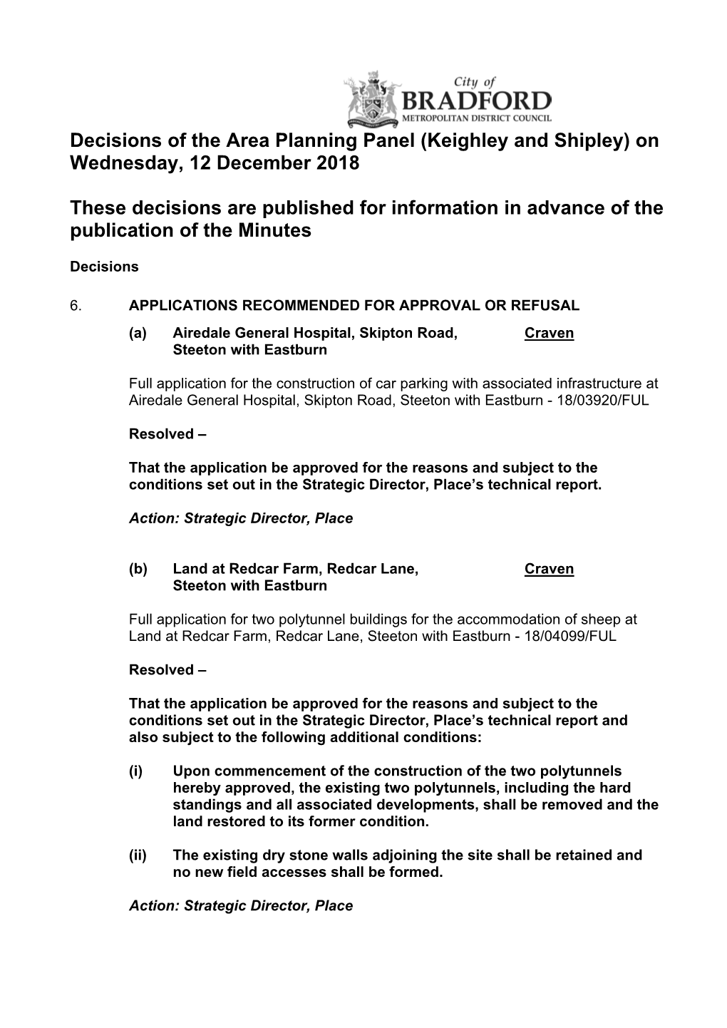 Decisions of the Area Planning Panel (Keighley and Shipley) on Wednesday, 12 December 2018