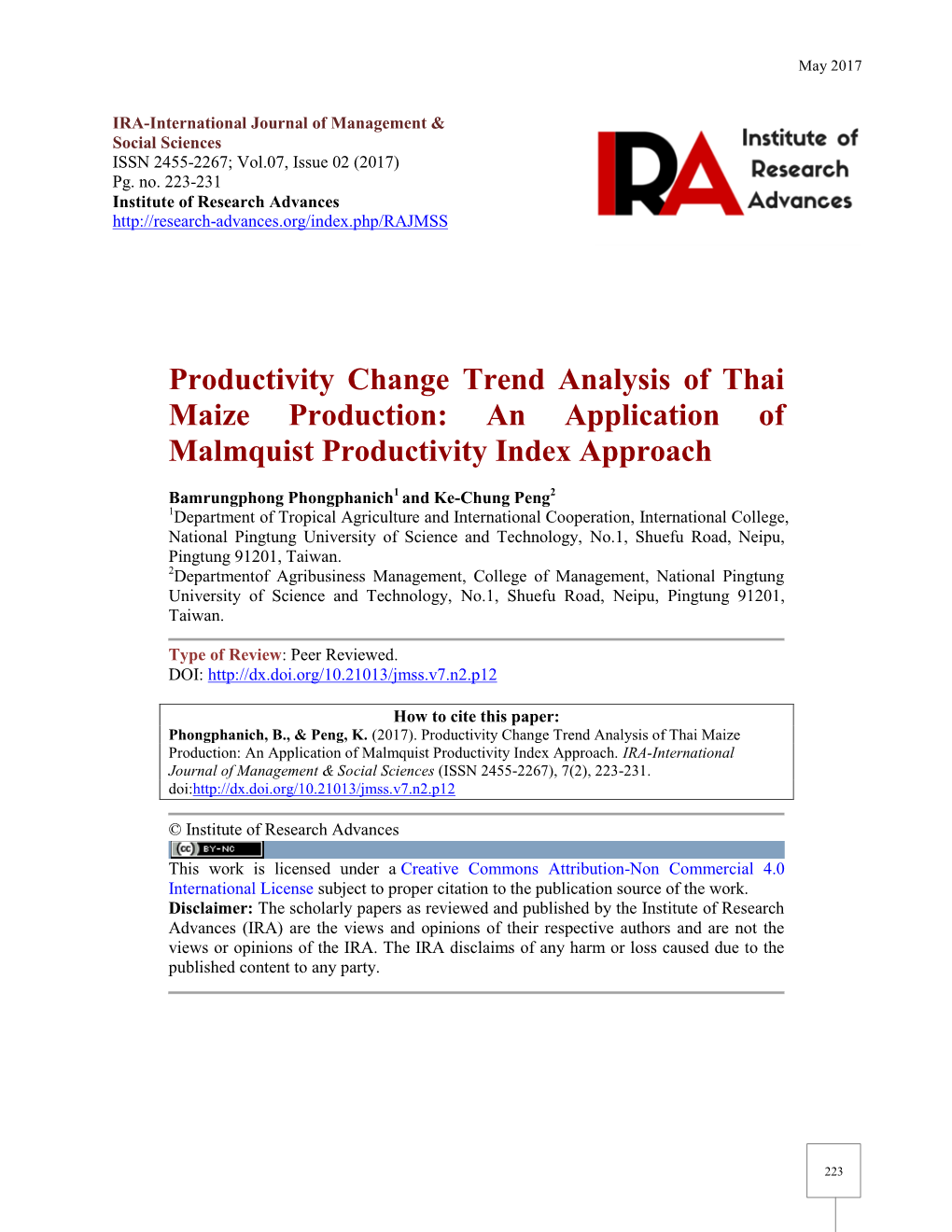 Productivity Change Trend Analysis of Thai Maize Production: an Application of Malmquist Productivity Index Approach