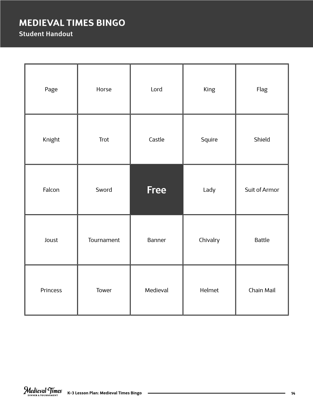 MEDIEVAL TIMES BINGO Student Handout