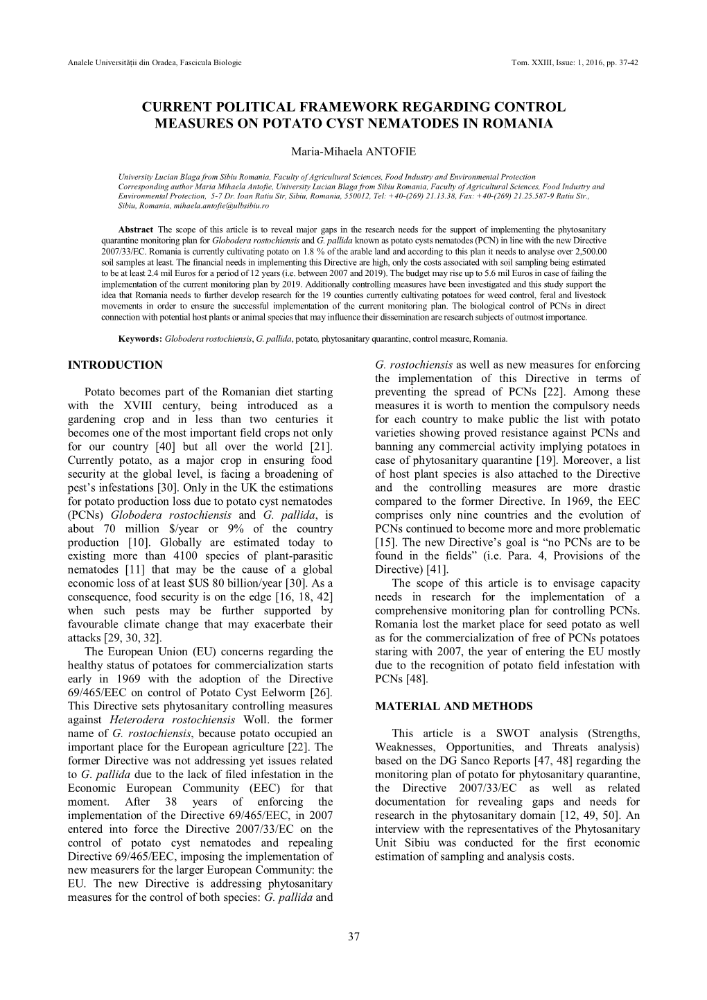 Current Political Framework Regarding Control Measures on Potato Cyst Nematodes in Romania