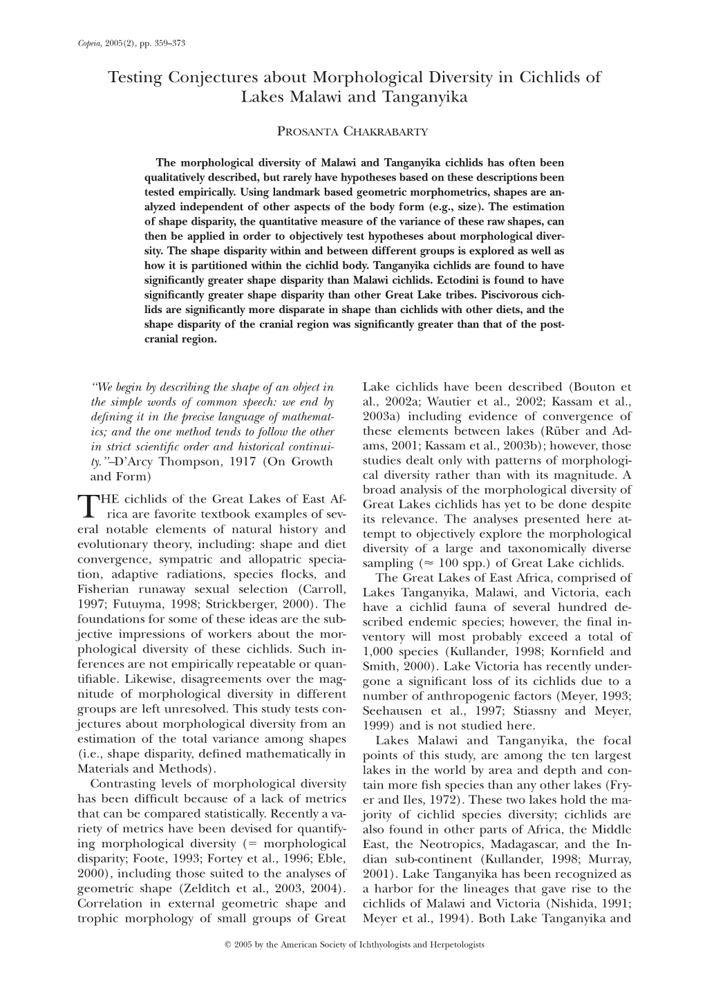 Testing Conjectures About Morphological Diversity in Cichlids of Lakes Malawi and Tanganyika