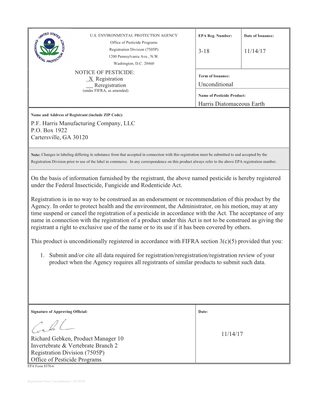 US EPA, Pesticide Product Label, HARRIS DIATOMACEOUS EARTH