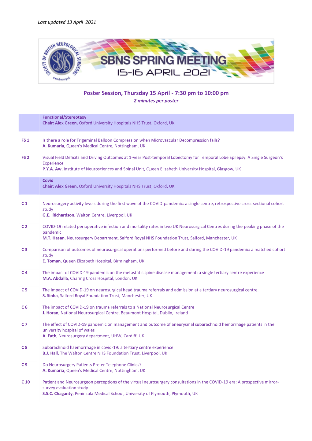 Poster Session 15 and 16 April 2021
