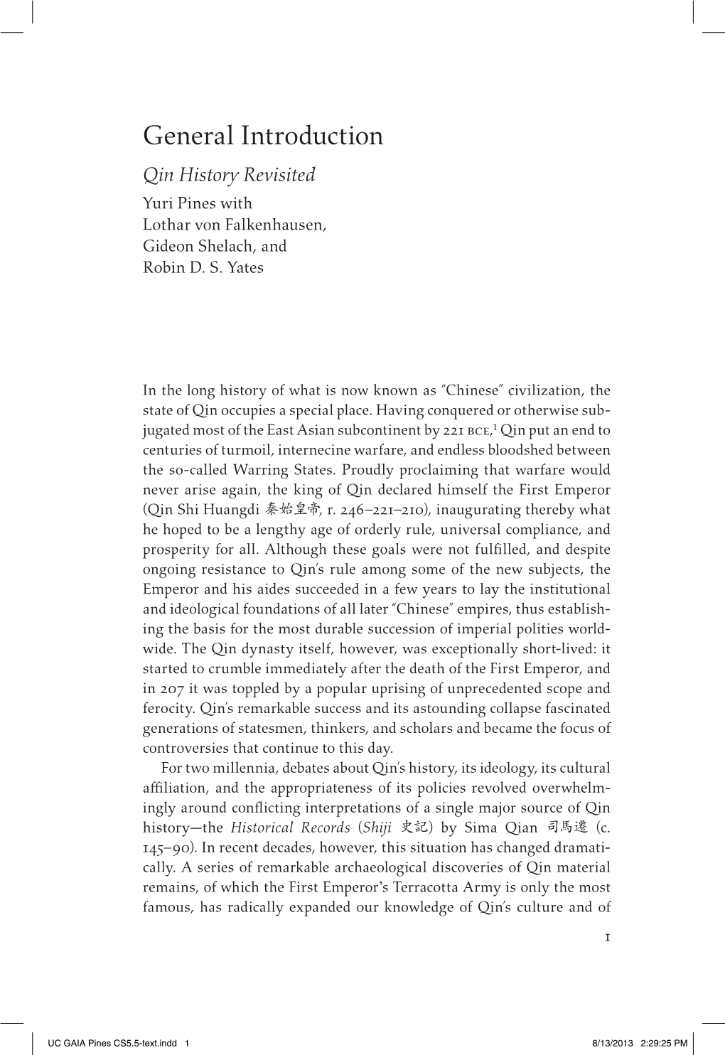 General Introduction Qin History Revisited Yuri Pines with Lothar Von Falkenhausen, Gideon Shelach, and Robin D