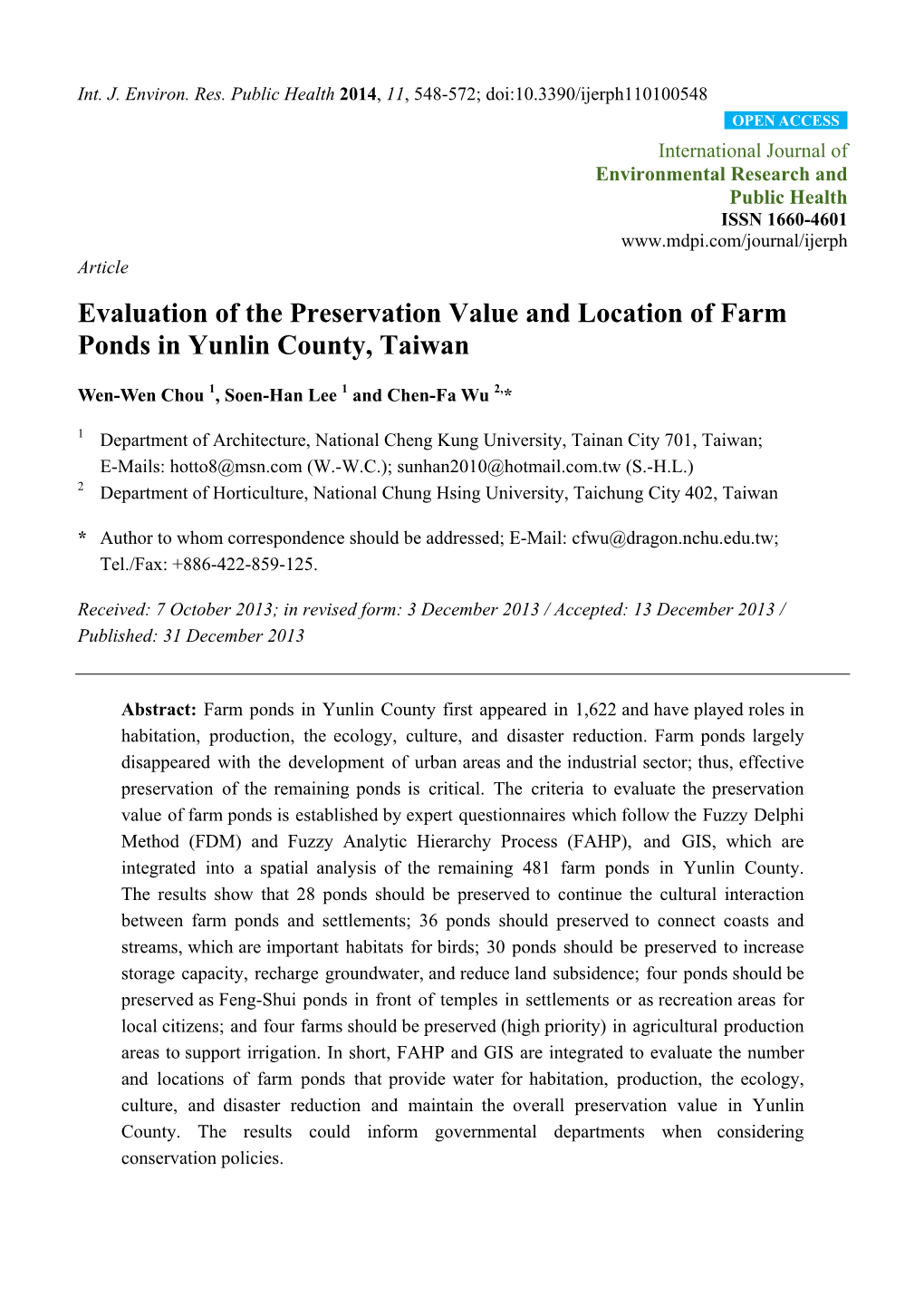 Evaluation of the Preservation Value and Location of Farm Ponds in Yunlin County, Taiwan