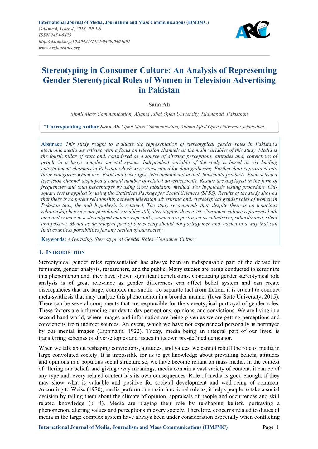 Stereotyping in Consumer Culture: an Analysis of Representing Gender Stereotypical Roles of Women in Television Advertising in Pakistan