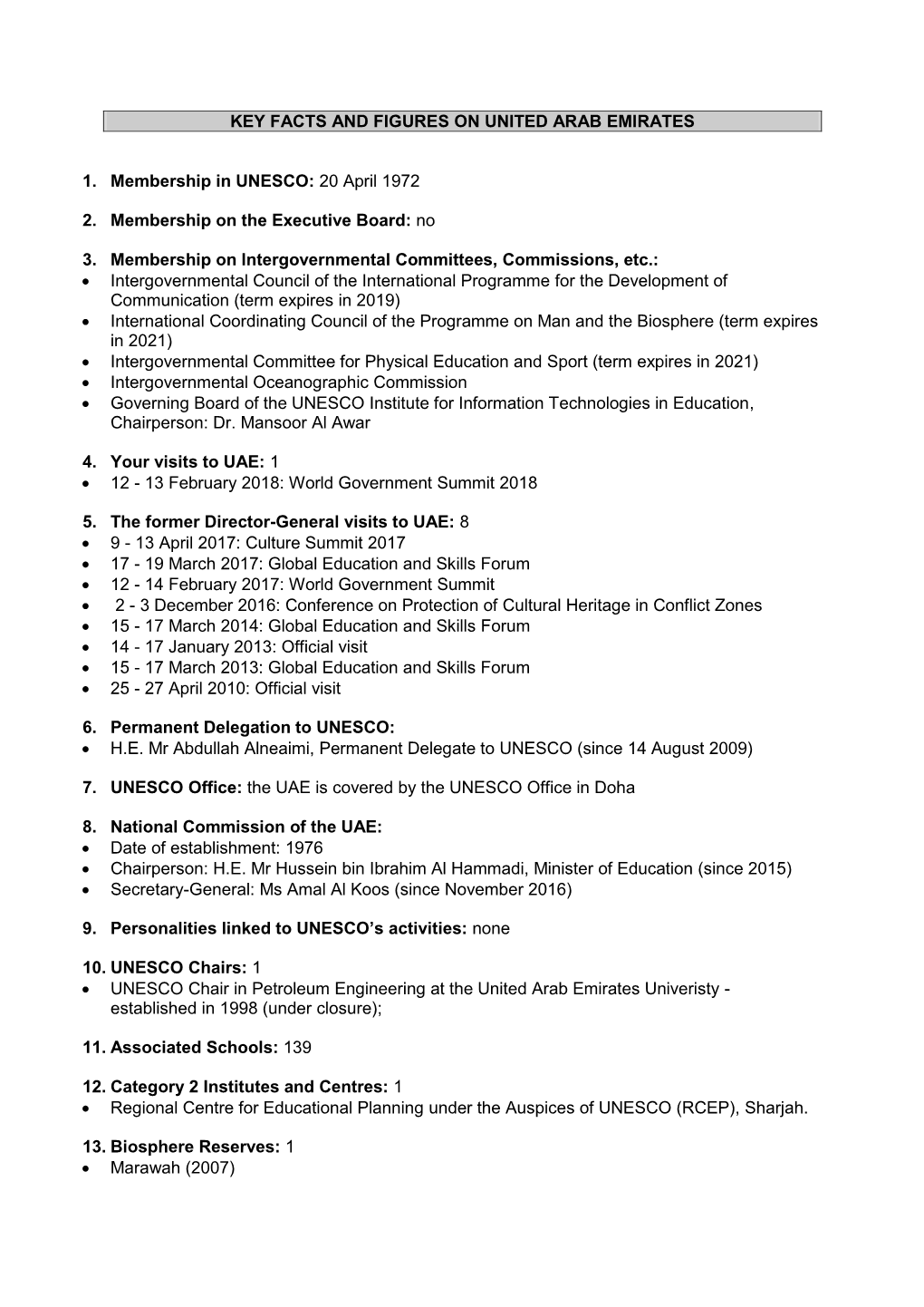 KEY FACTS and FIGURES on UNITED ARAB EMIRATES 1. Membership in UNESCO: 20 April 1972 2. Membership on the Executive Board: No 3