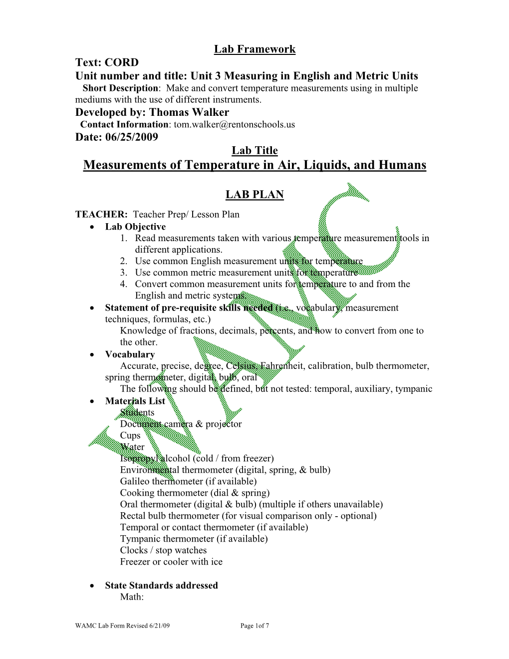 Measurements of Temperature in Air, Liquids, and Humans