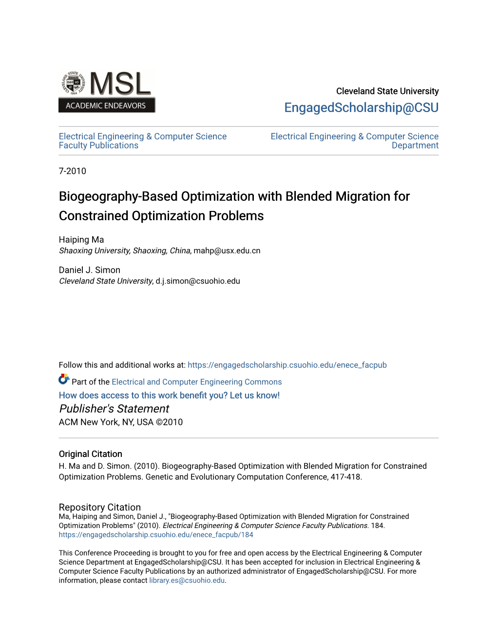 Biogeography-Based Optimization with Blended Migration for Constrained Optimization Problems