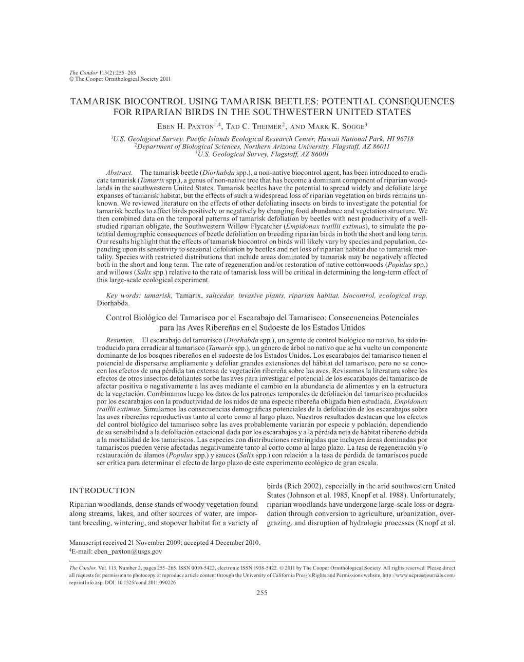 Tamarisk Biocontrol Using Tamarisk Beetles: Potential Consequences for Riparian Birds in the Southwestern United States Eben H