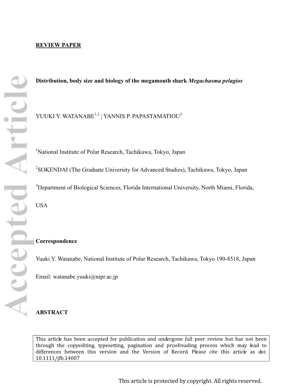 Distribution, Body Size and Biology of the Megamouth Shark Megachasma Pelagios