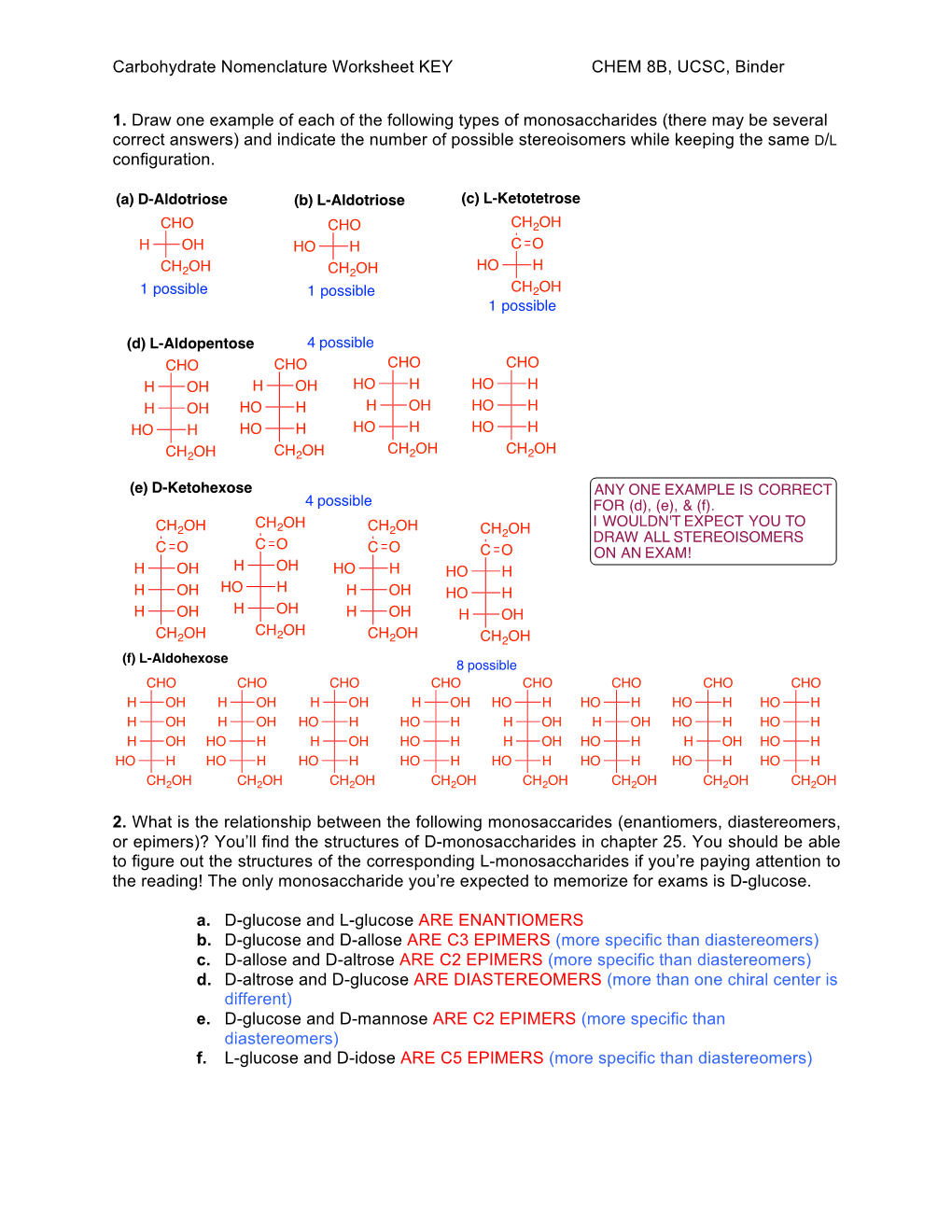 Carbohydrate Nomenclature Worksheet KEY CHEM 8B, UCSC, Binder