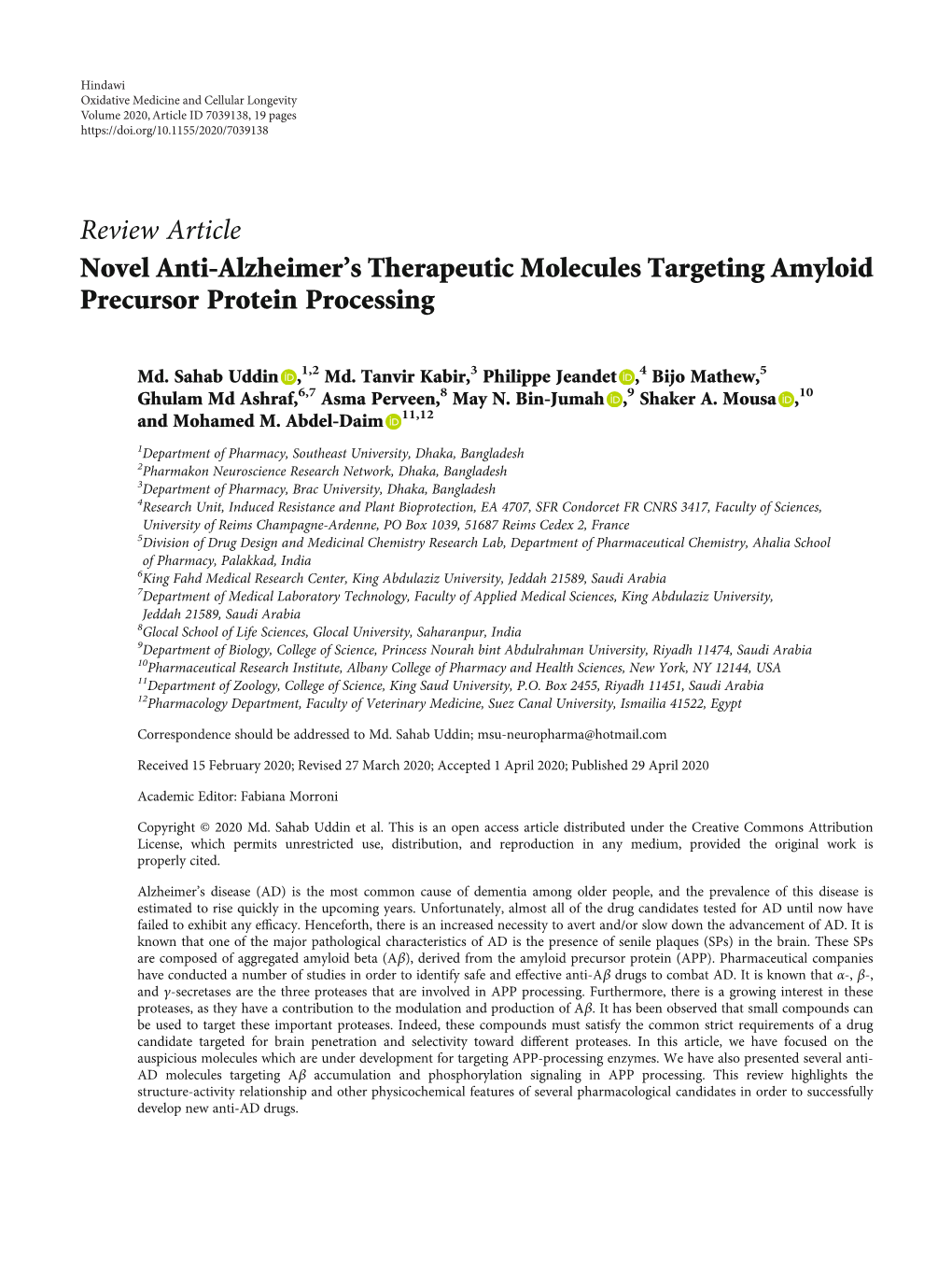 Review Article Novel Anti-Alzheimer's Therapeutic Molecules Targeting