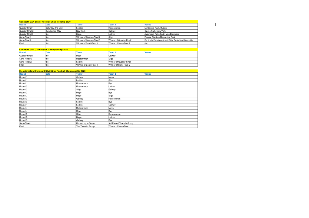 2020 Connacht GAA Fixtures