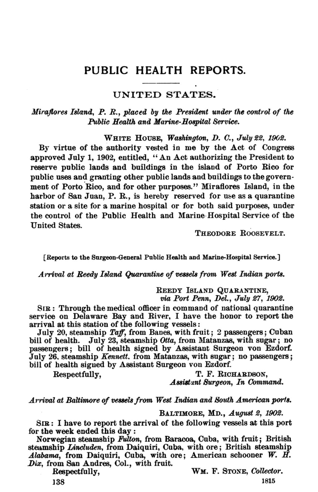 Reedy Island Quarantine of Vessels from West Indian Ports