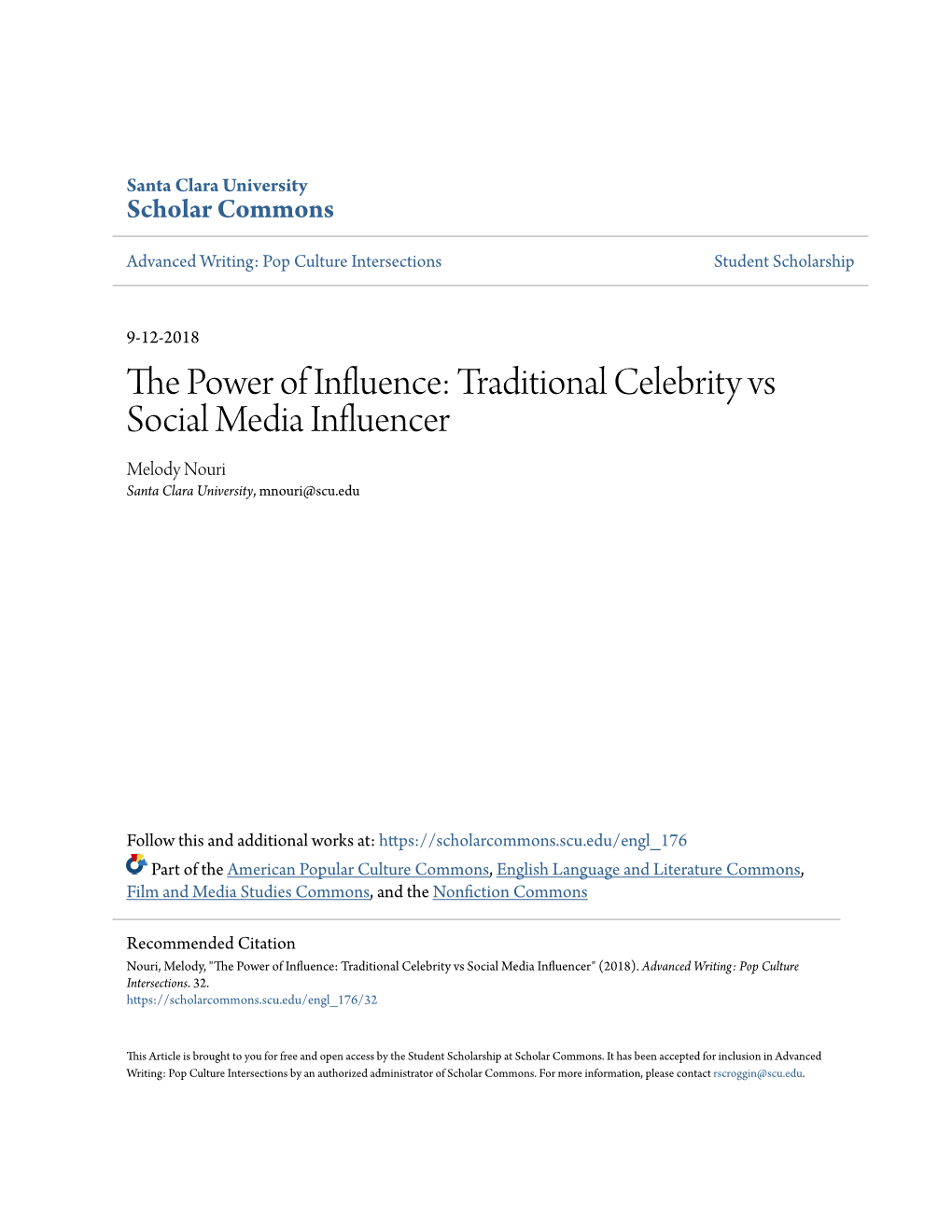 Traditional Celebrity Vs Social Media Influencer Melody Nouri Santa Clara University, Mnouri@Scu.Edu