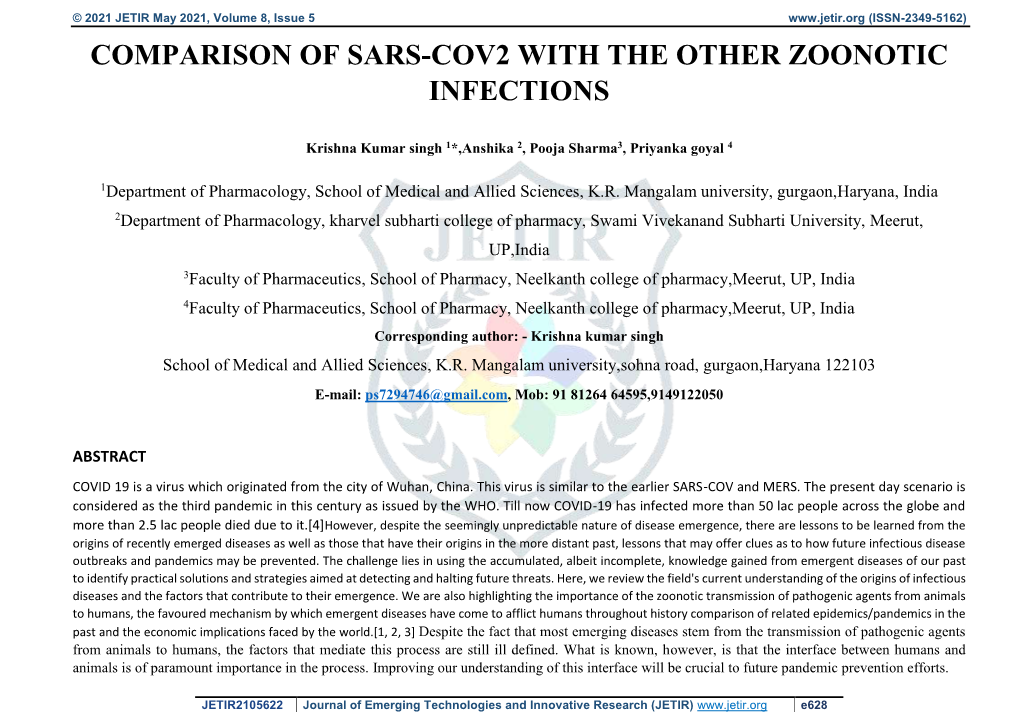 Comparison of Sars-Cov2 with the Other Zoonotic Infections