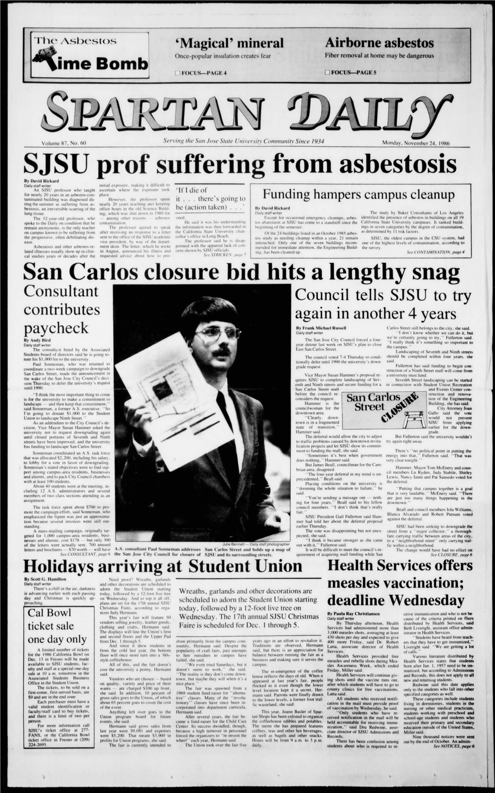 SJSU Prof Suffering from Asbestosis by David Rickard Daily Stall Writer Exposure
