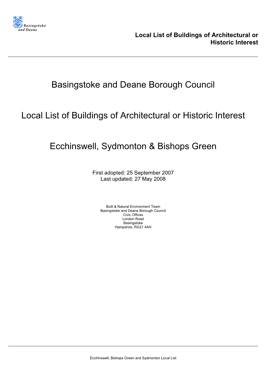 Ecchinswell Sydmonton and Bishops Green Local List.Pdf(PDF) [52