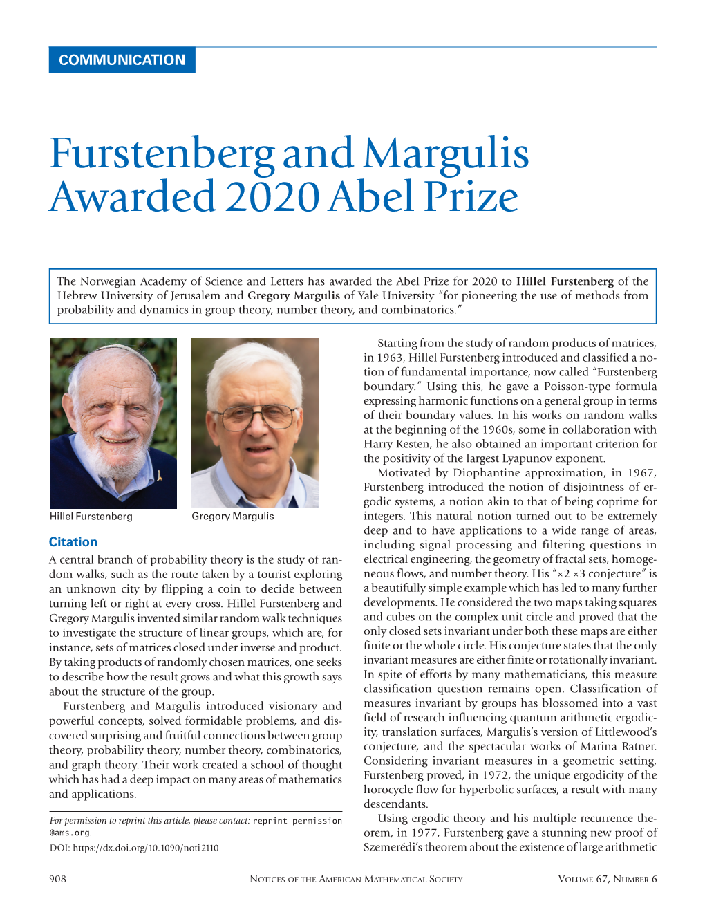 Furstenberg and Margulis Awarded 2020 Abel Prize