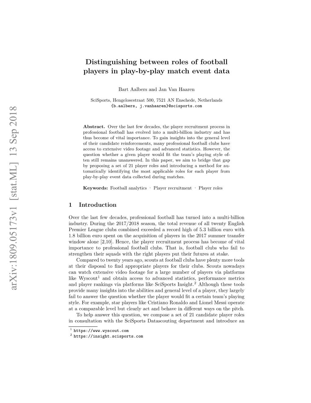 Distinguishing Between Roles of Football Players in Play-By-Play Match Event Data