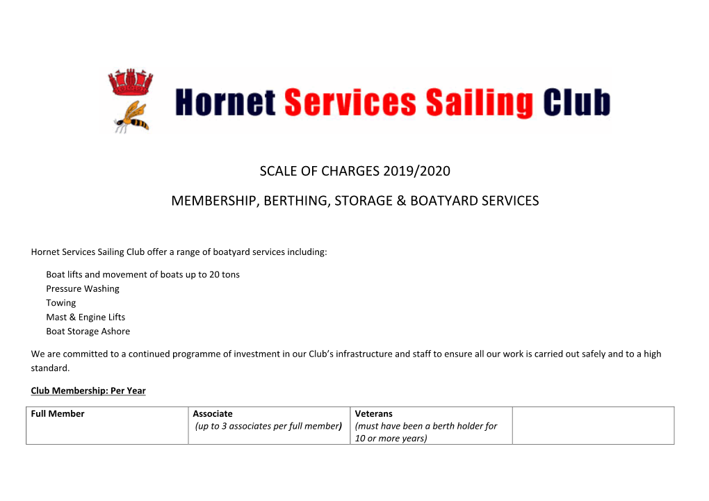 Scale of Charges 2019/2020 Membership, Berthing, Storage & Boatyard Services